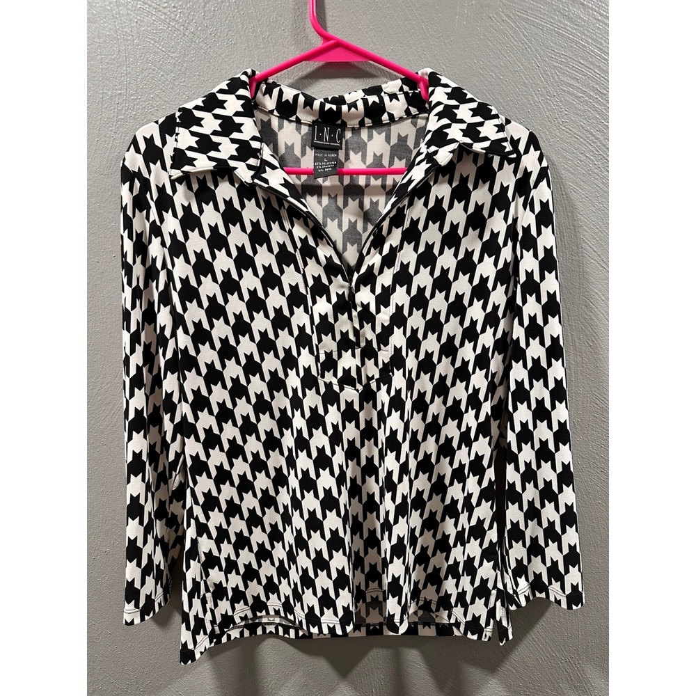 INC International Concepts Womens Large Houndstooth V-Neck Collar Blouse Top BW
